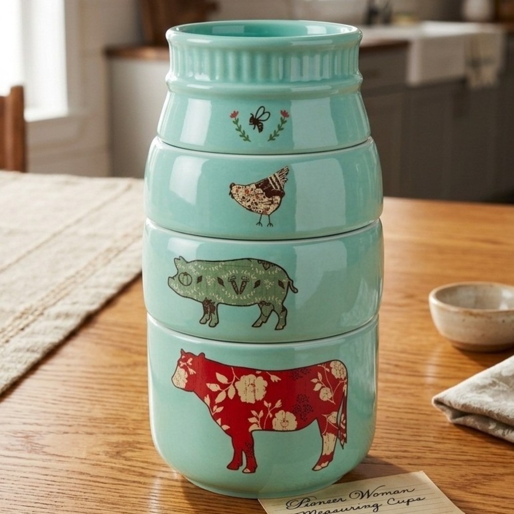 Pavillion Live Simply Stacking Measuring Cups Ceramic Farm Animals Green 4pc Set